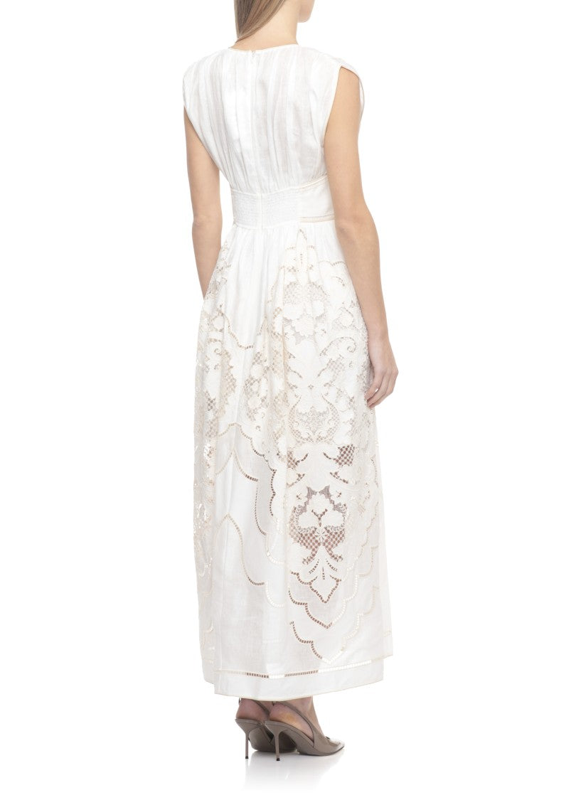 Zimmermann Ivory Linen Midi Dress With Lace Hem Details