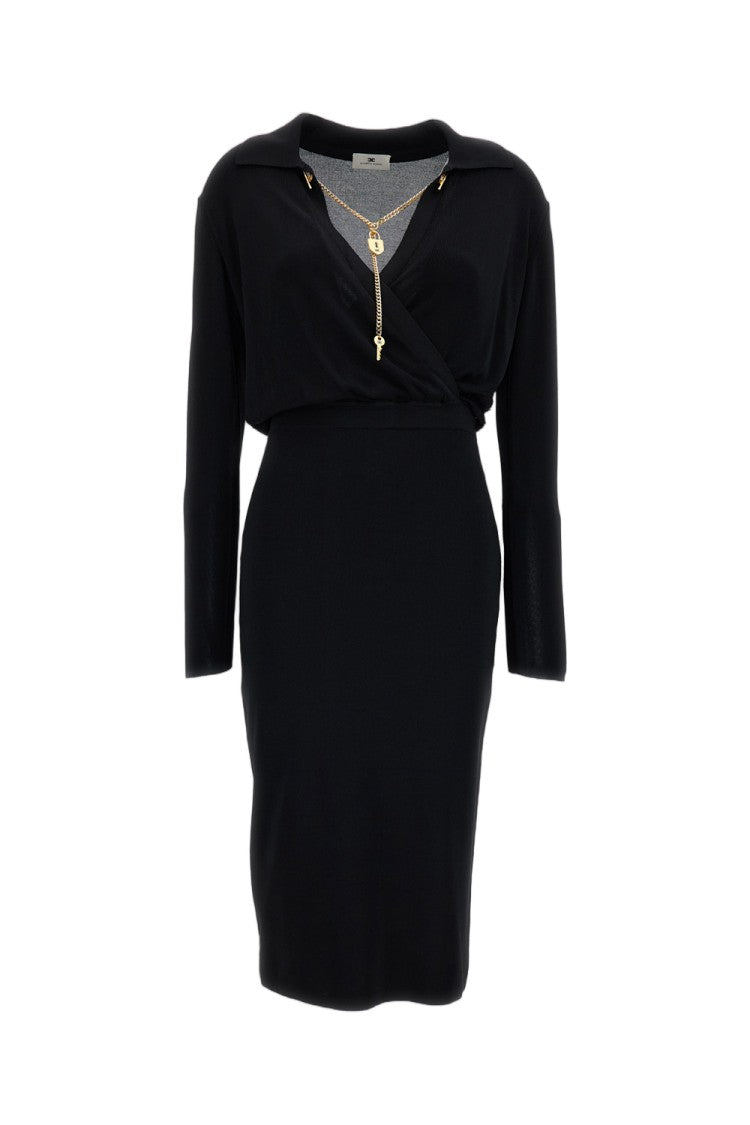 Elisabetta Franchi Midi Dress With Draped Waist And Gold Chain Detail