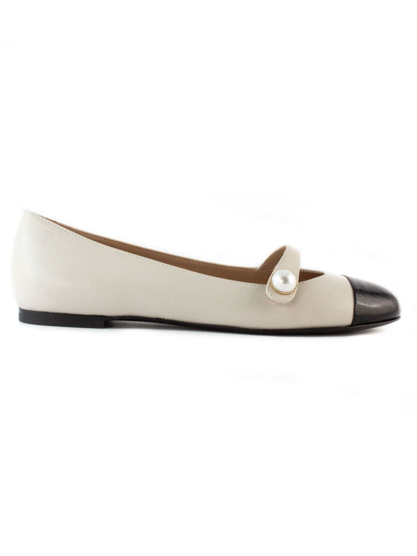 Roberto Festa Contrasting White Flats With Pearl-Adorned Strap