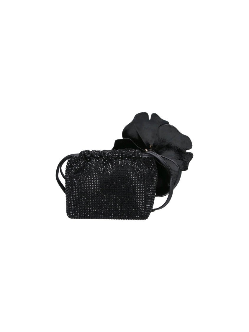 Pinko Black Rhinestone Flower Drawstring Fabric Clutch