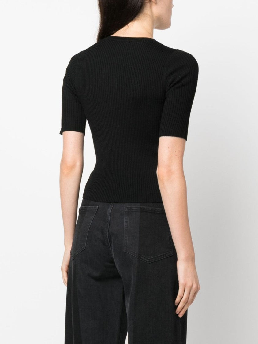 Pinko Fitted Ribbed Knit Sweater With Sheer Logo Detail