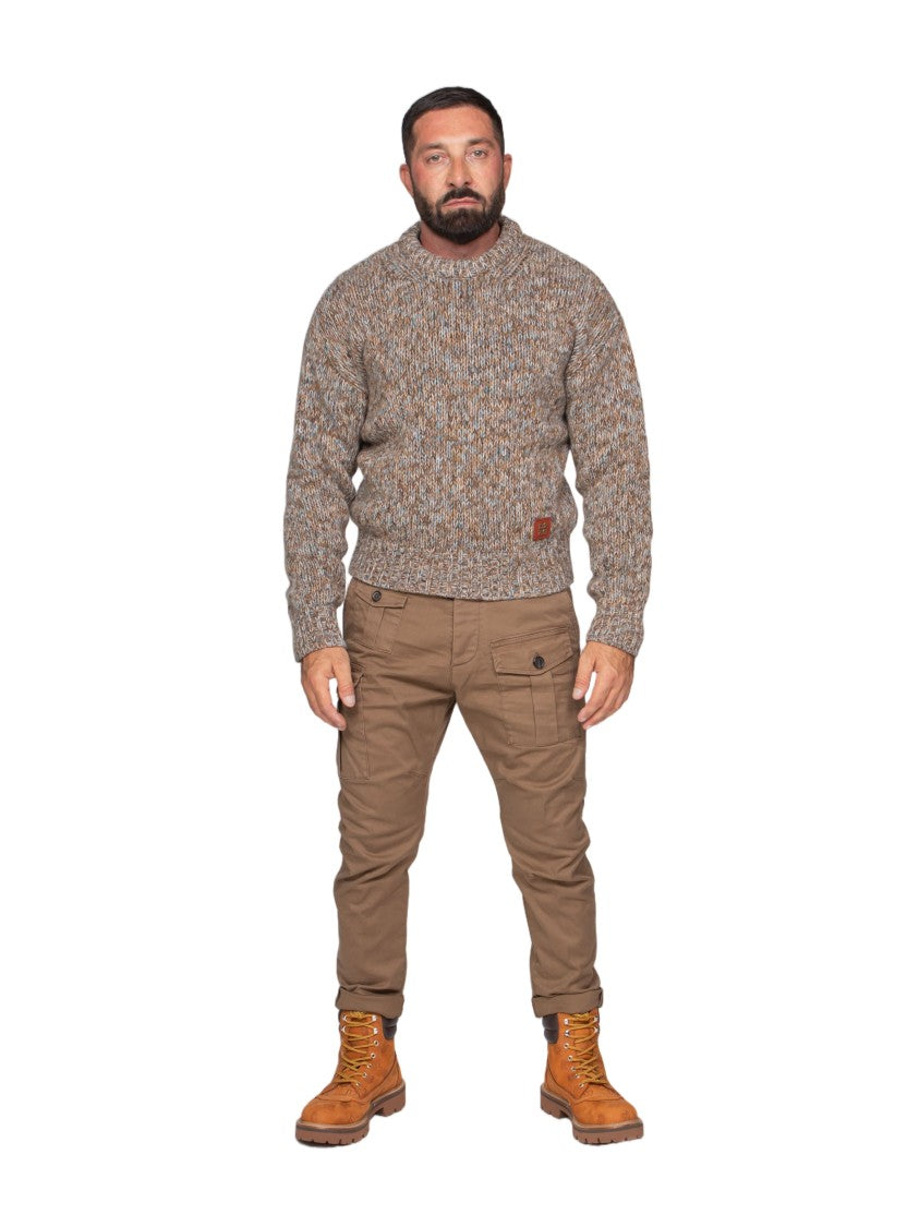 Dsquared2 Chunky Knit Sweater With Marled Pattern And Leather Detail