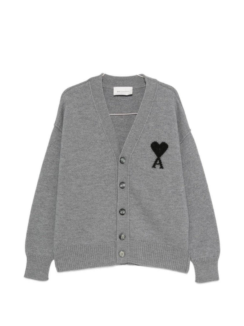 Ami Paris Grey Knit Cardigan Sweater With Embroidered Heart Detail