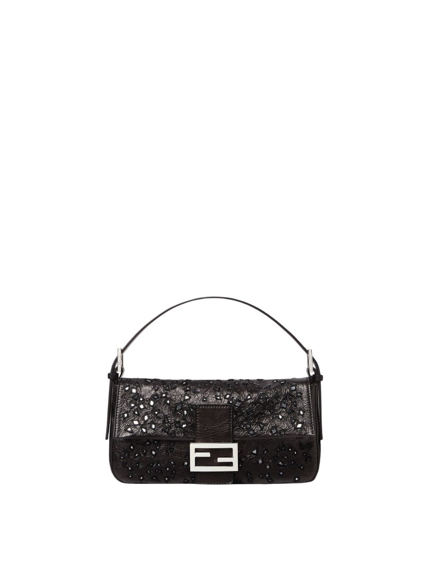Fendi Black Geometrically Cut Mirror Calfskin Baguette Shoulder Bag