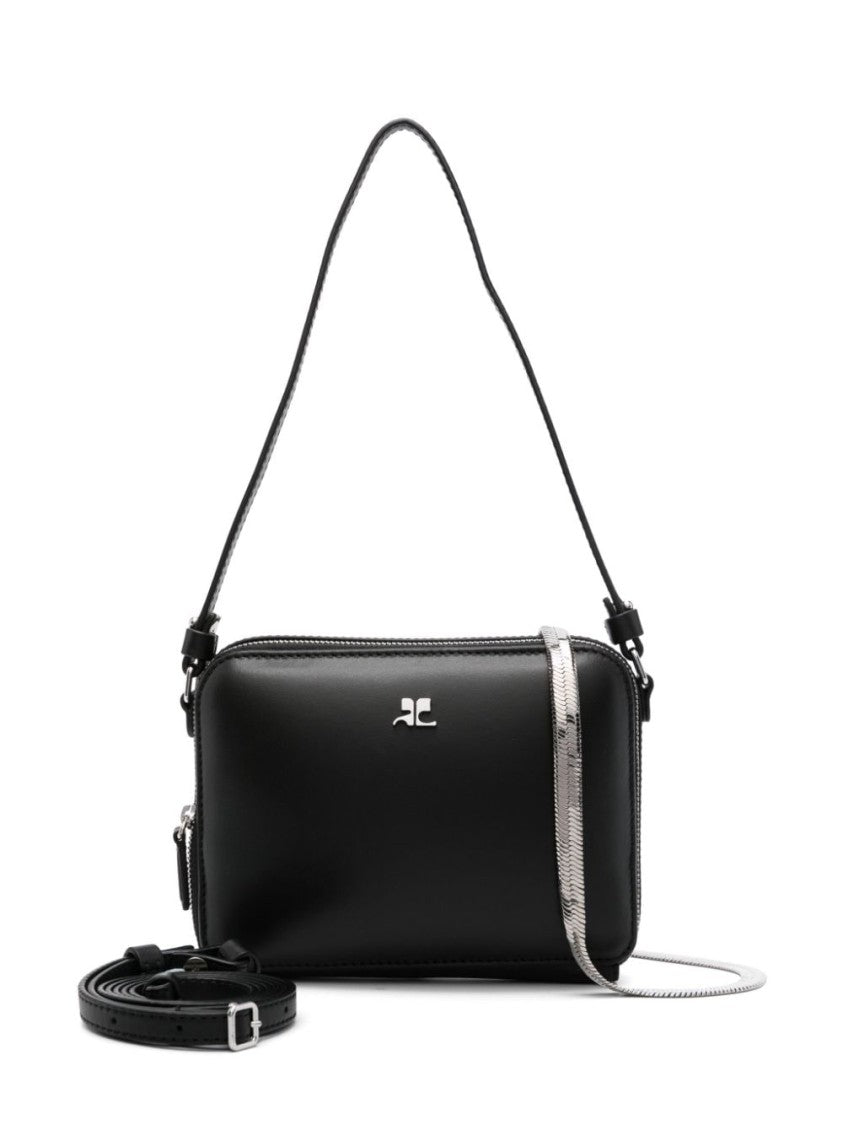 Courrèges Herringbone Chain-Link Shoulder Bag In Black Calf Leather
