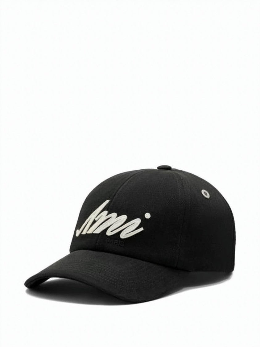 Ami Paris White Cotton Embroidered Script Baseball Cap