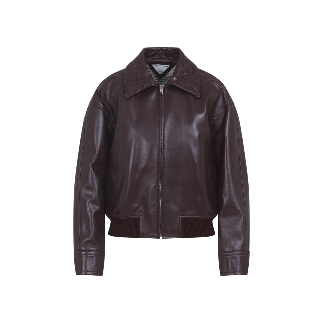 Bottega Veneta Burgundy Leather Jacket With Intrecciato Collar