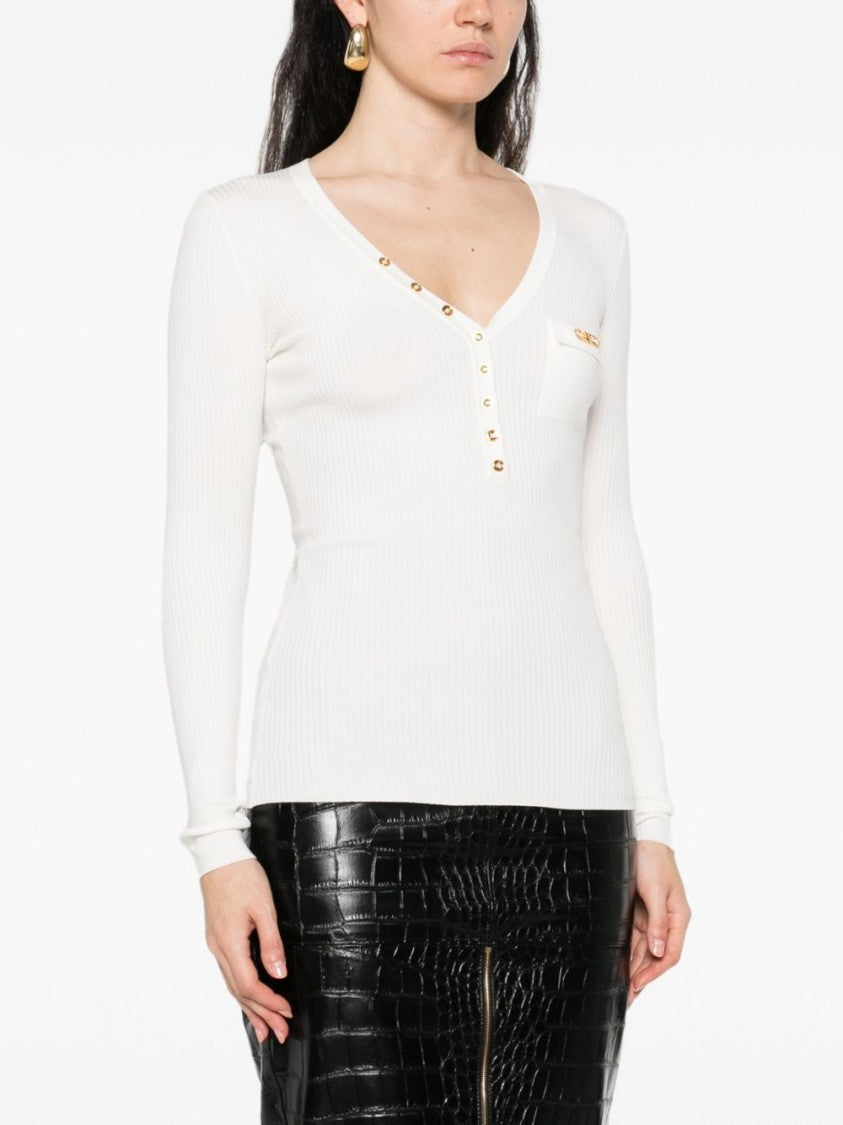 Elisabetta Franchi Ivory Fitted Ribbed Sweater