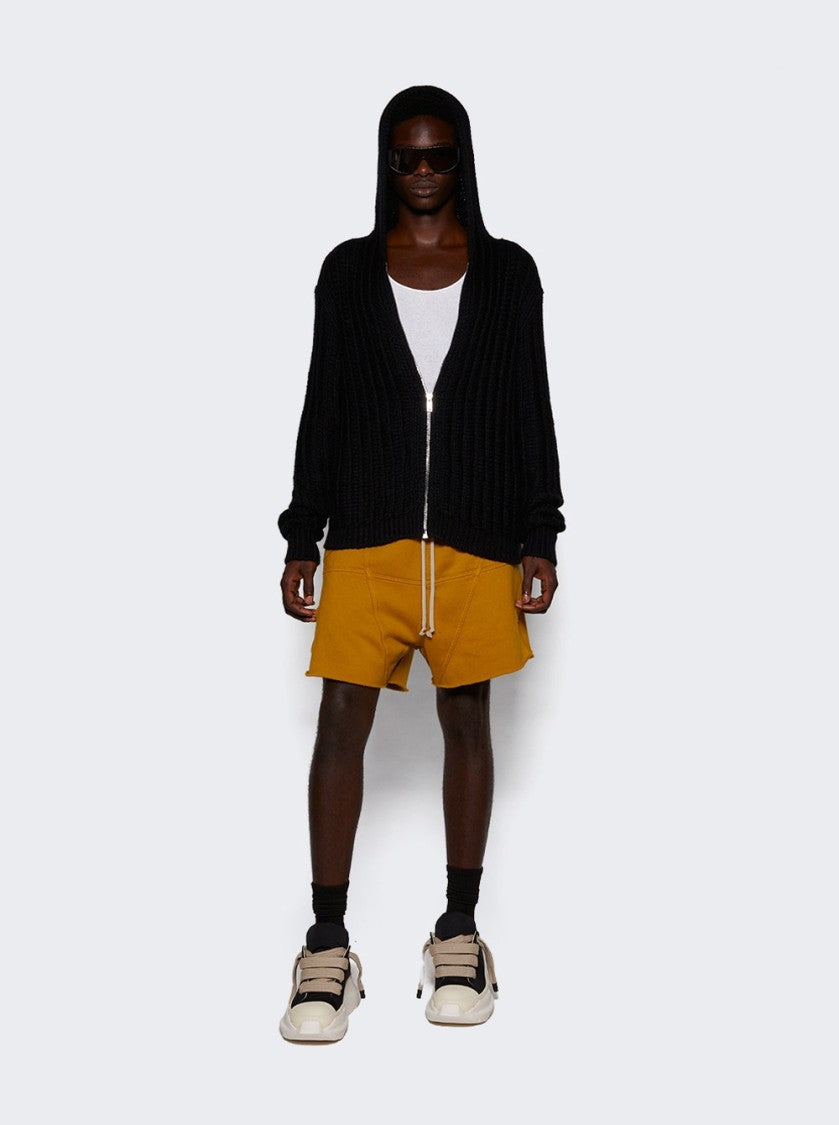 Rick Owens Textured Black Zipped Hoodie With Garter Stitch Detail
