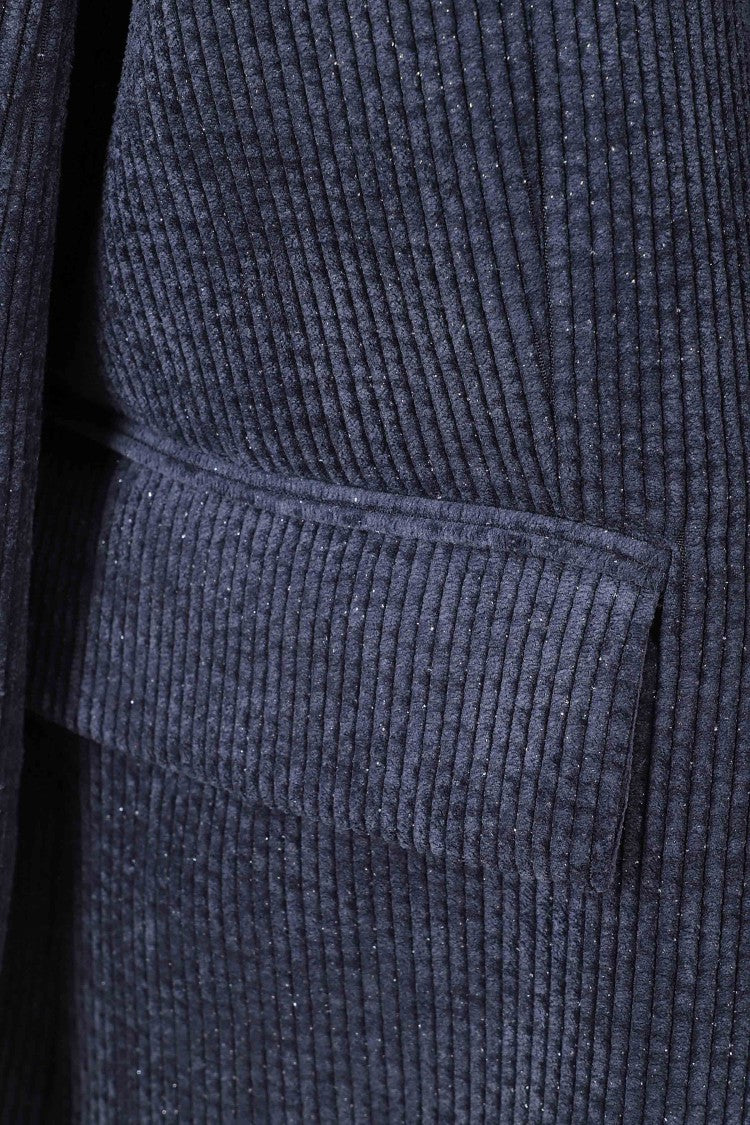 Ermanno Firenze Blue Polished Corduroy Double-Breasted Polyester-Blend Blazer