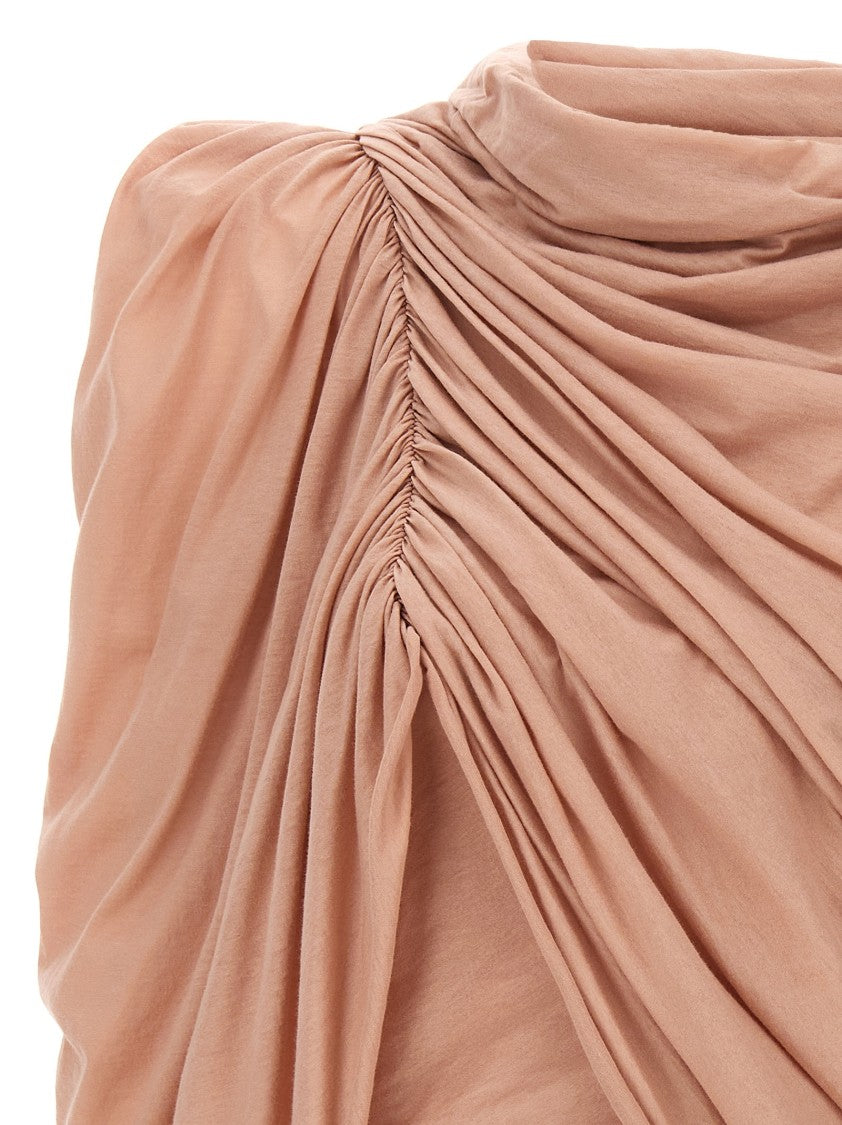 Rick Owens Draped Neutral Cotton Crew Neck Top