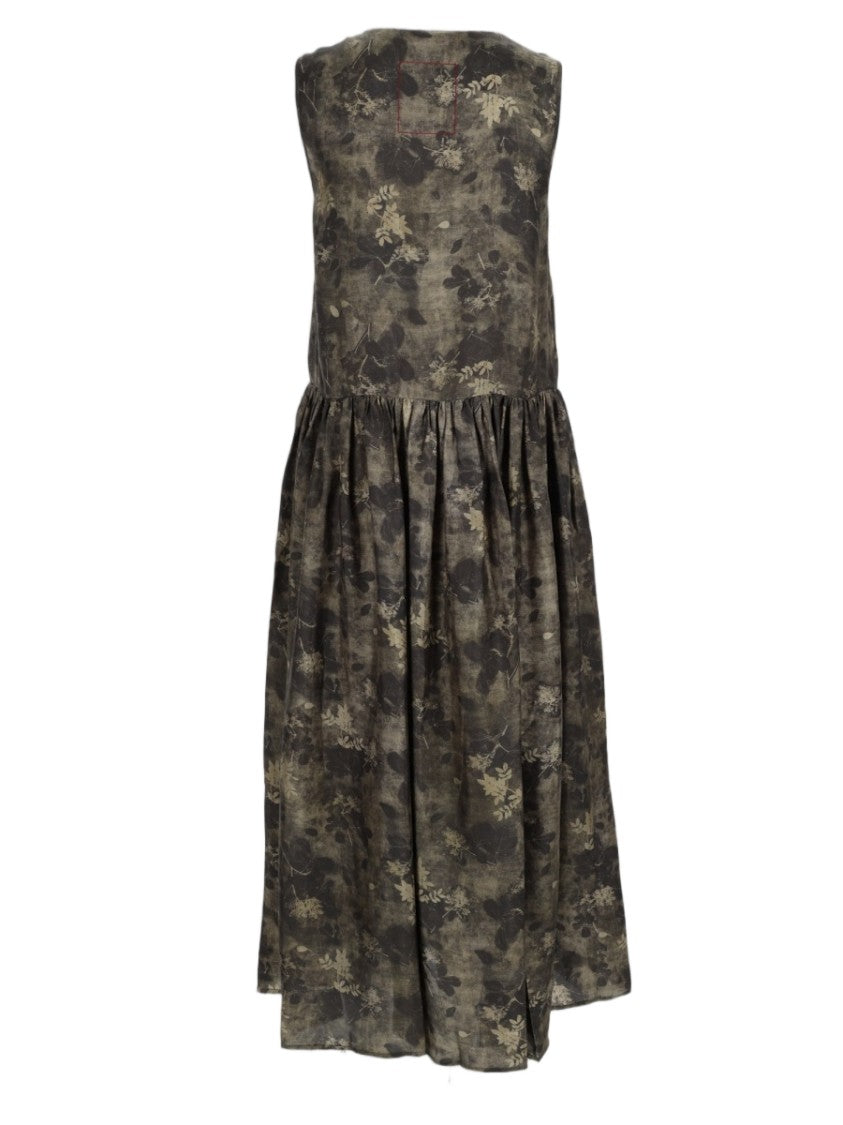 Uma Wang Green Flowing Gathered Waistband Floral Midi Dress