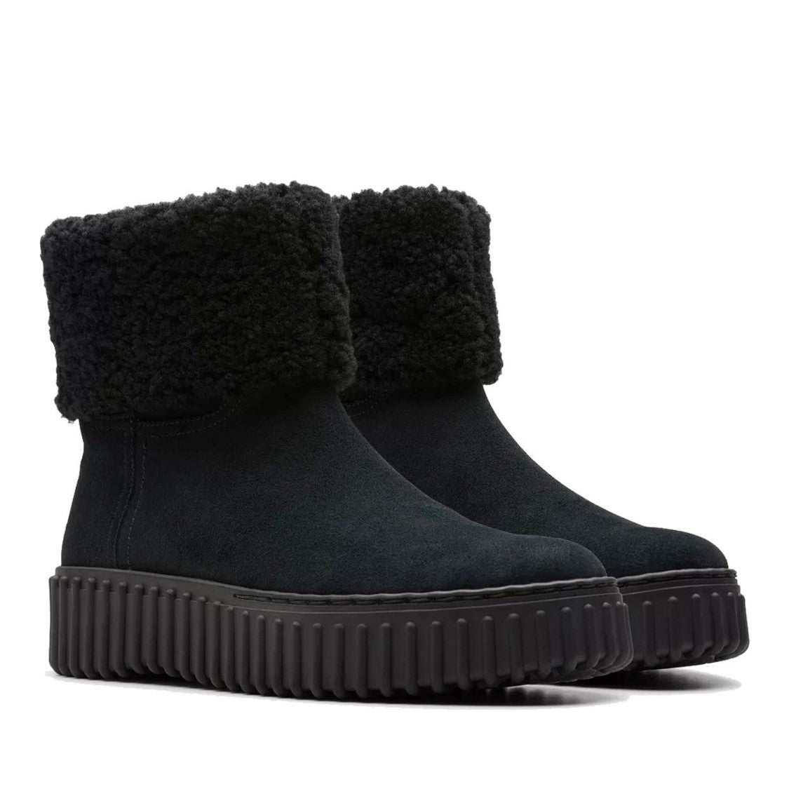 Clarks Torhill Black Fold-Over Cuff Suede Wedge Boots