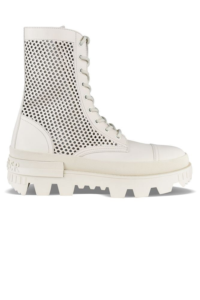 Moncler Beige Leather Perforated Ankle Boots With Lace-Up Design