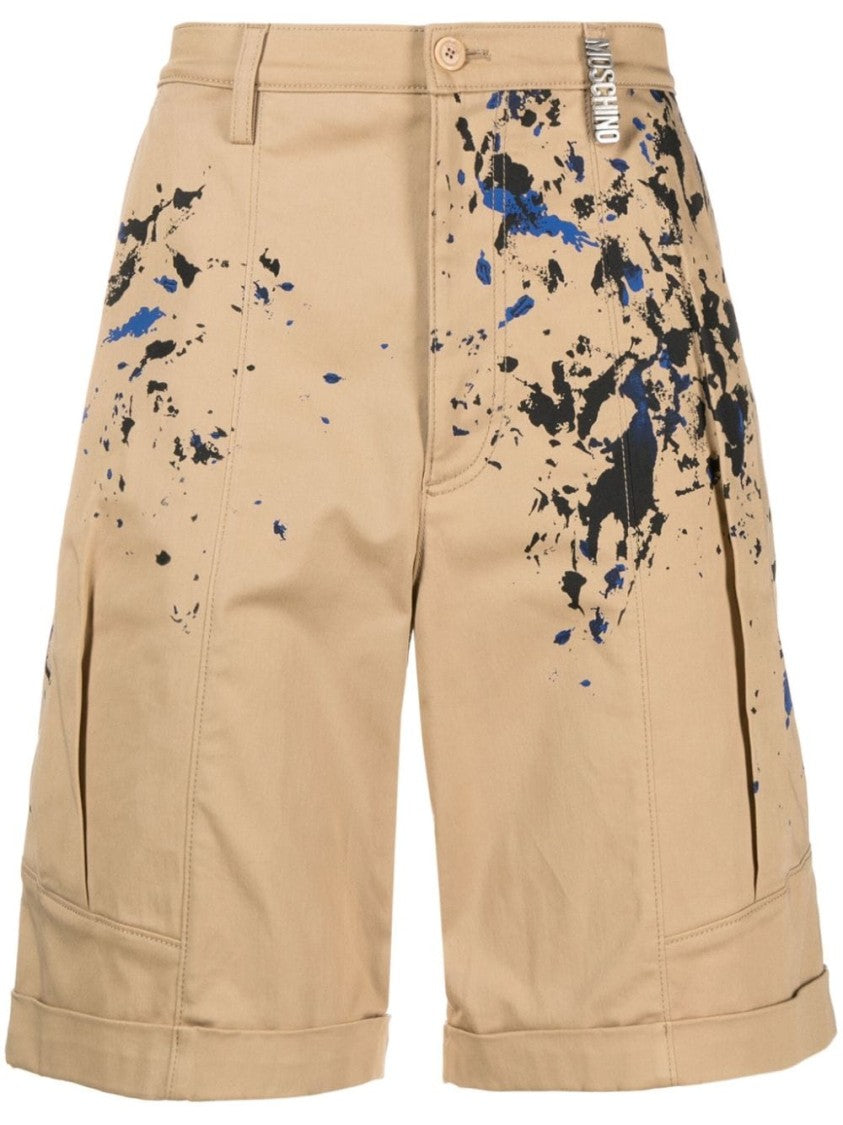 Moschino Painterly Print Sand Beige Stretch-Cotton Shorts