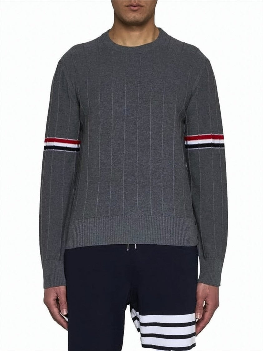 Thom Browne Boxy Grey Wool Sweater With Distinctive Horizontal Stripes