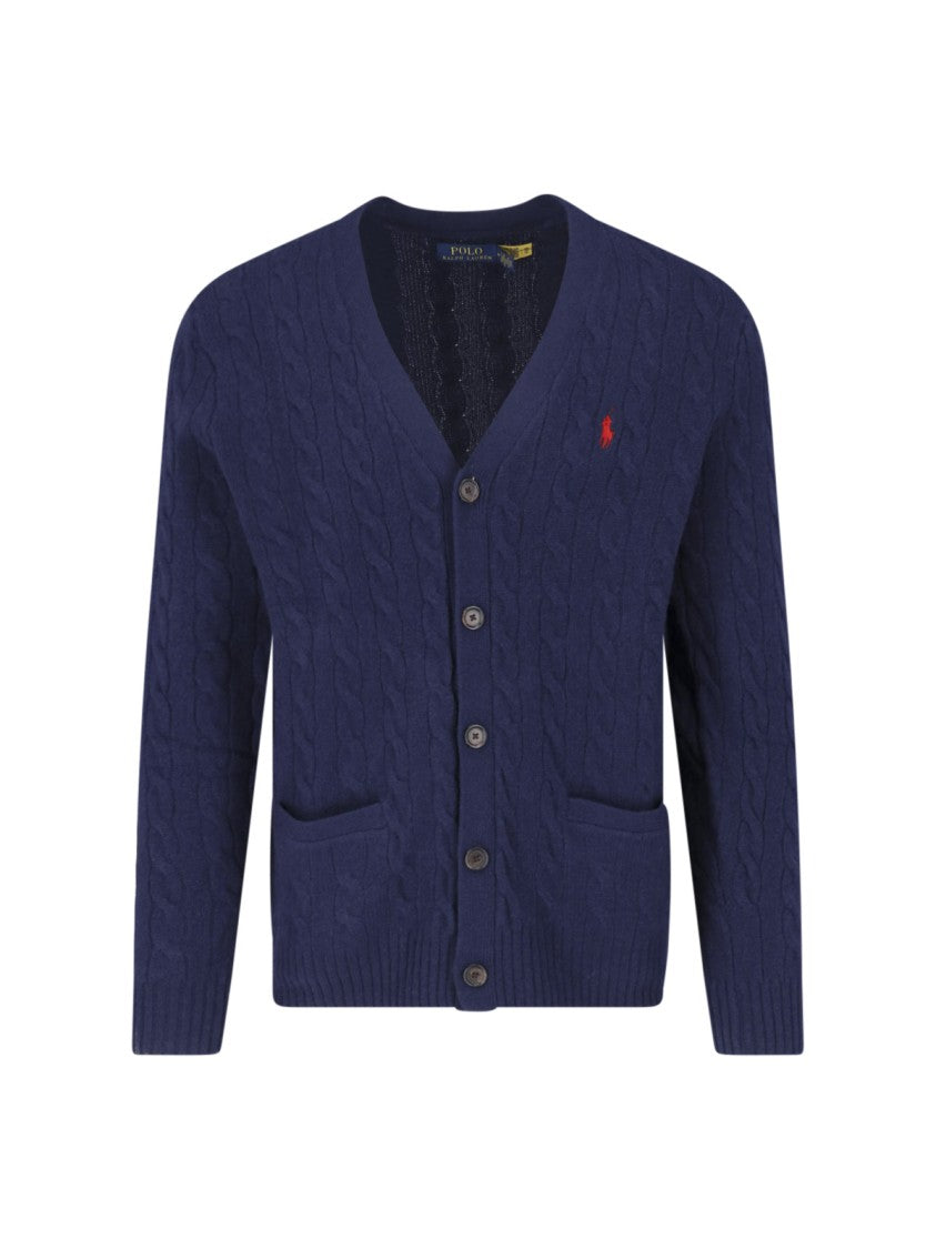 Polo Ralph Lauren Blue Cable-Knit Wool-Cashmere V-Neck Cardigan