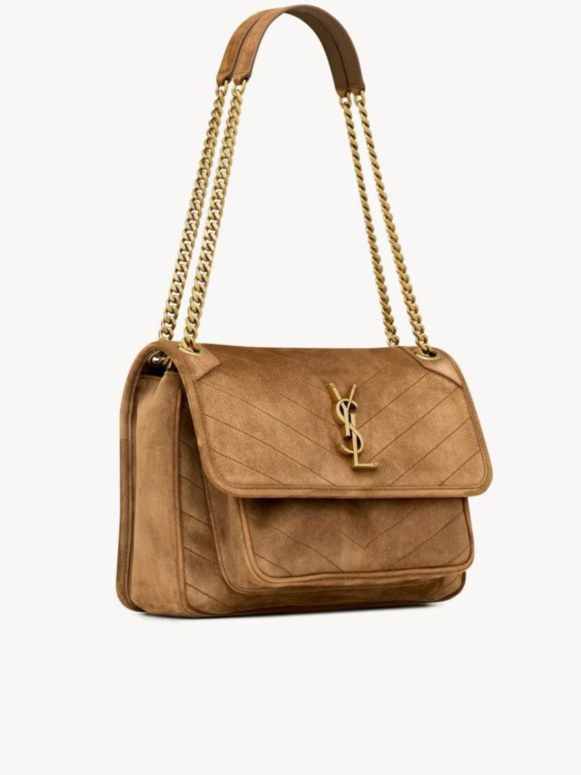 Saint Laurent Niki M Chevron Quilted Suede Shoulder Bag