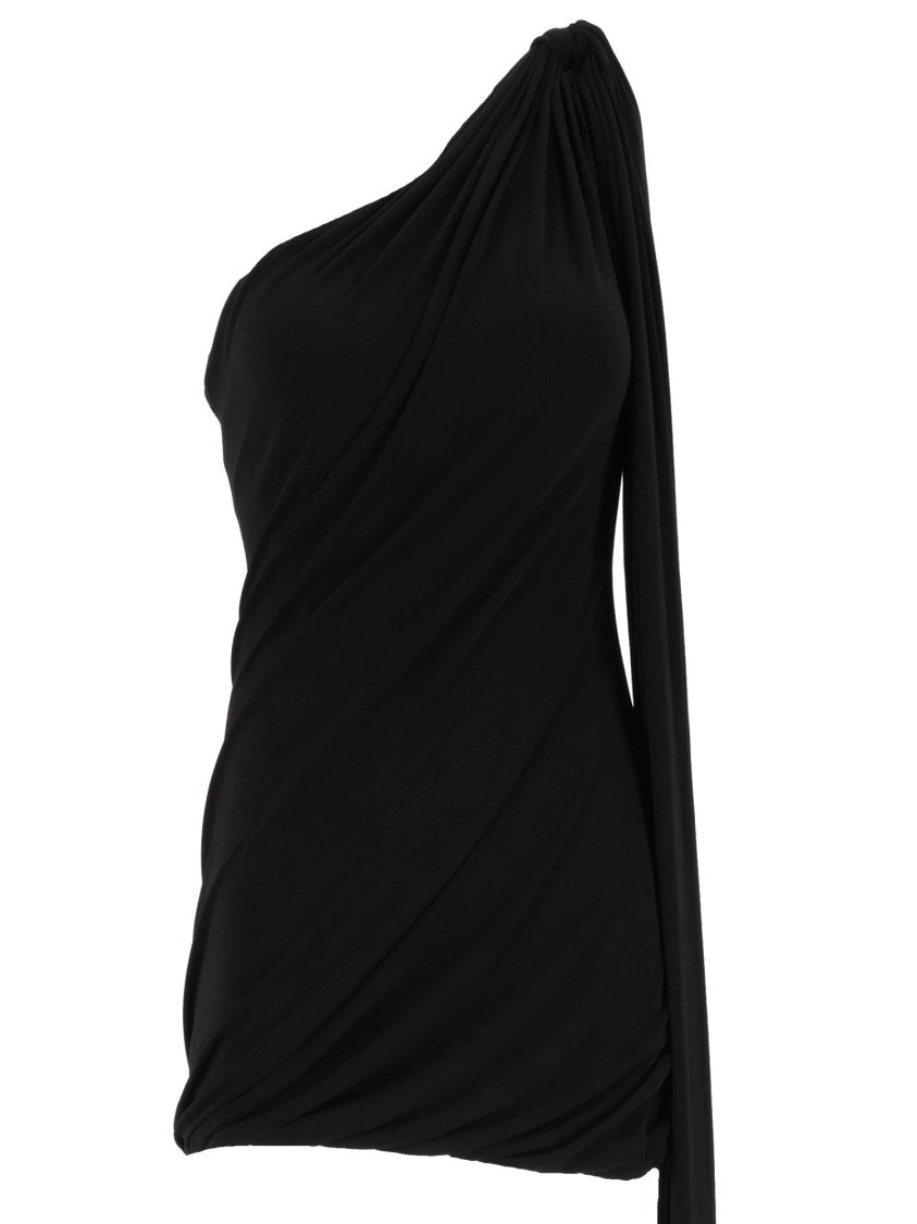 Eleh Black Draped Sleeve Ruched One-Shoulder Fitted Top