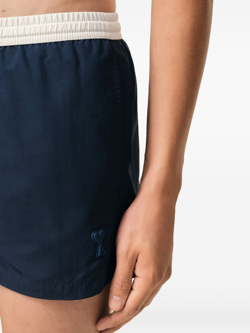 Ami Paris Navy Blue Slim Fit Shorts With Contrasting Drawstring Waistband