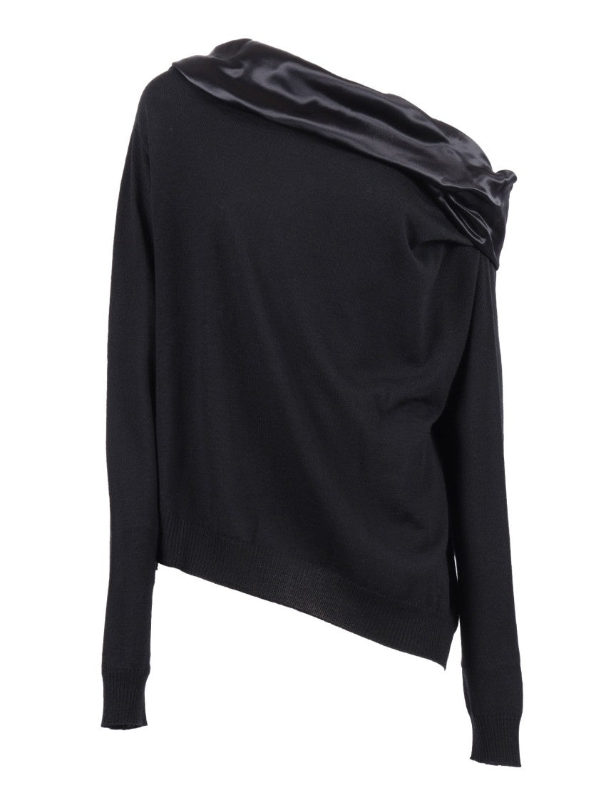Alberta Ferretti Asymmetrical Top With Draped Satin Neckline And Virgin Wool Body