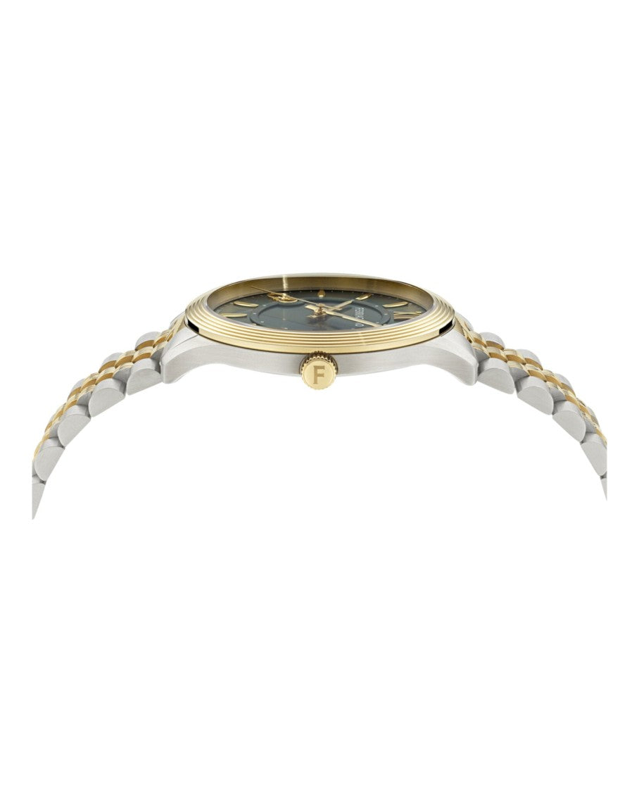 Ferragamo Two-Tone Bracelet Watch With Green Sunray Dial