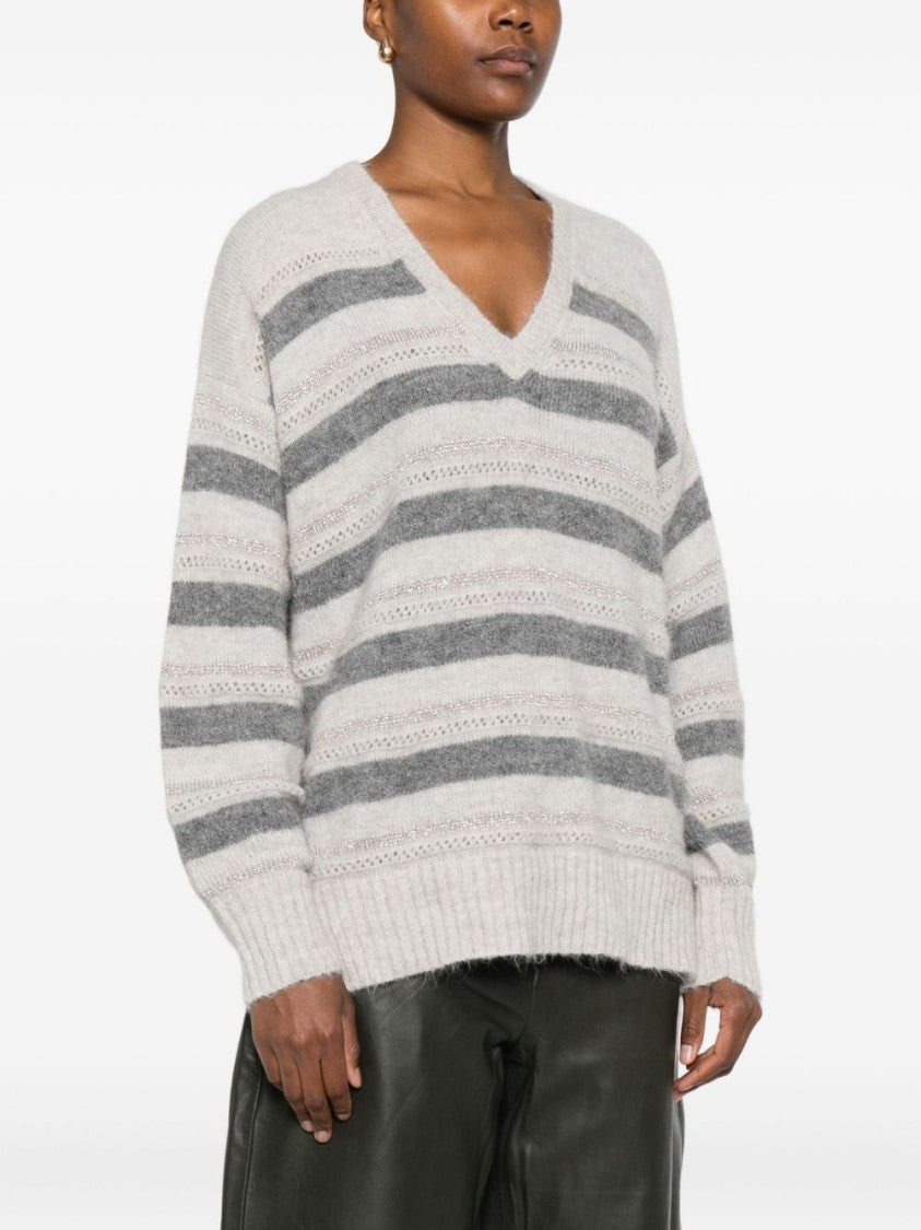 Twin-Set Horizontal Striped Knit Sweater With V-Neckline