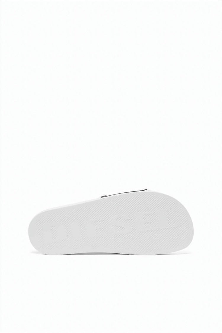 Diesel White Slide Sandals With Bold Branding