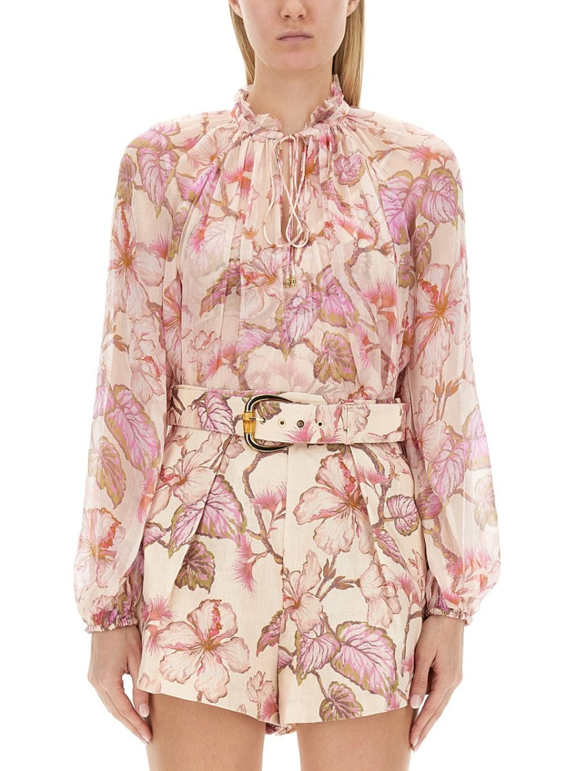 Zimmermann Beige Floral Print Viscose Ruffled Blouse