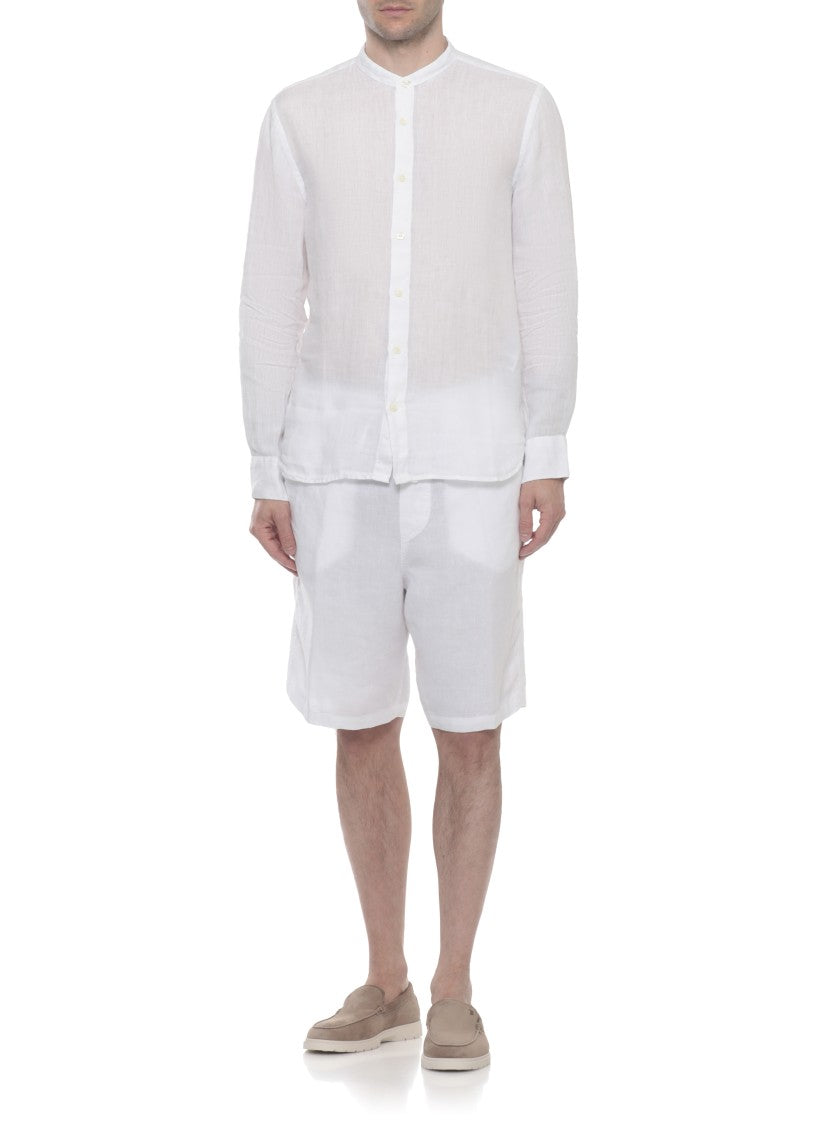 120% Lino White Mandarin Collar Linen Casual Shirt