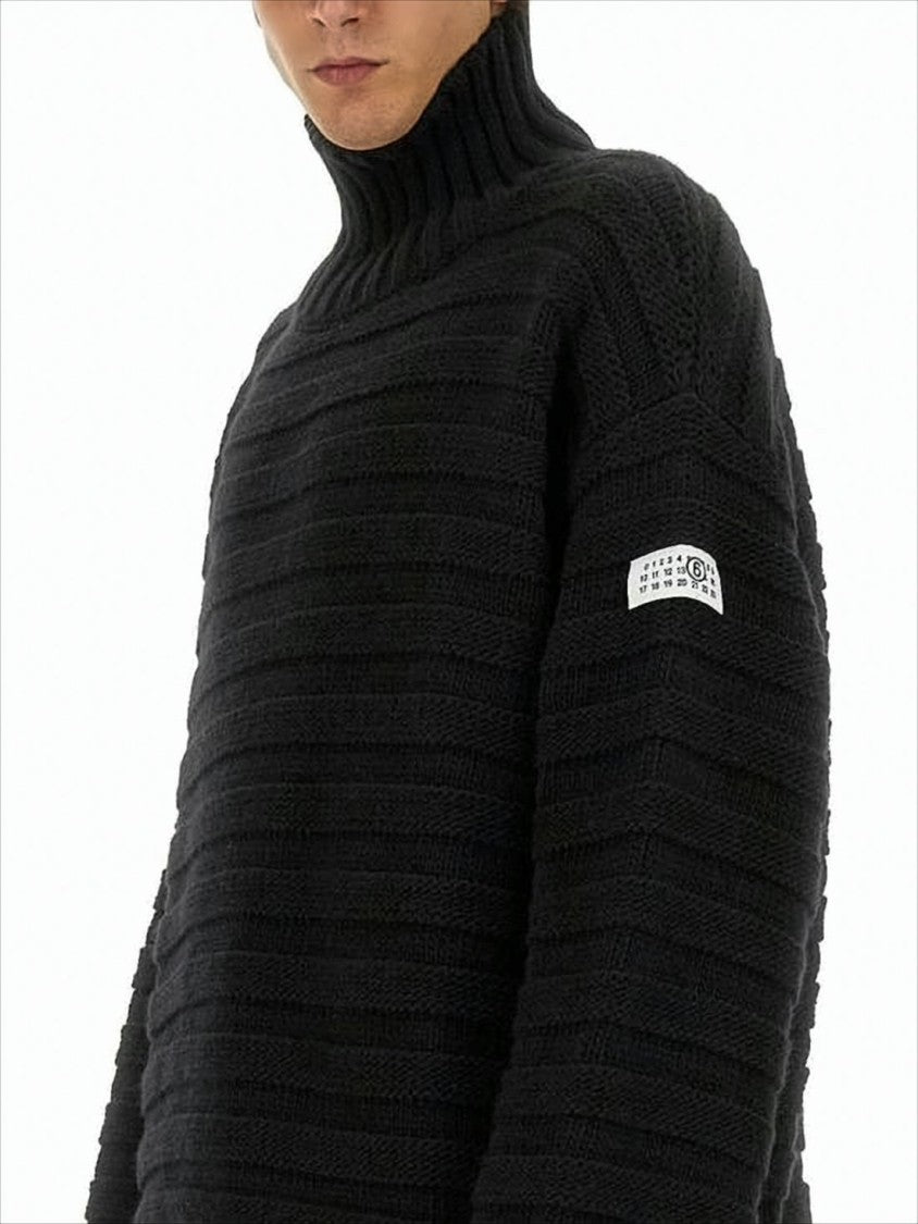 Mm6 By Maison Margiela Oversized Black Ribbed Knit Turtleneck Sweater