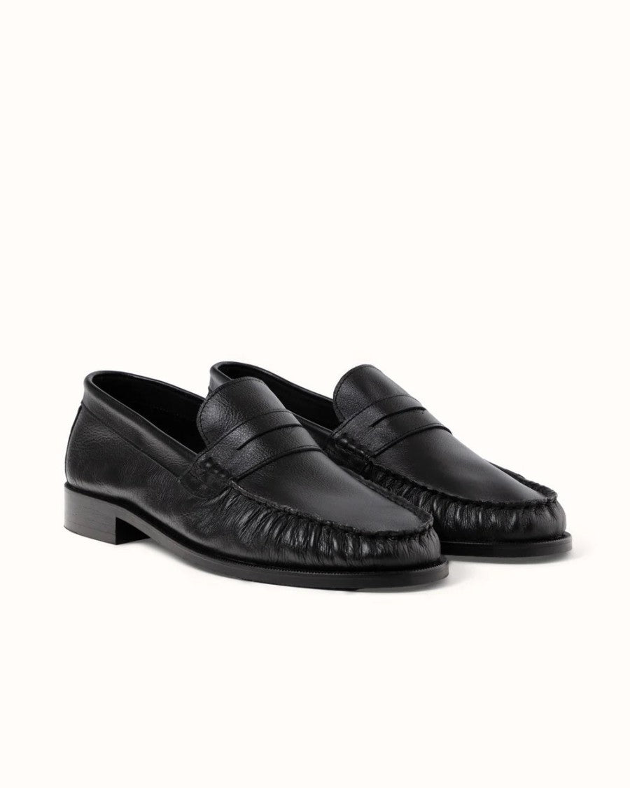 Duke + Dexter Black Hand-Stitched Ruched Nappa Leather Loafers