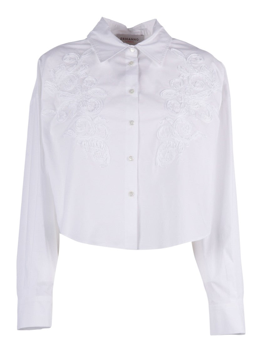 Ermanno Scervino White Cropped Floral Embroidered Shirt