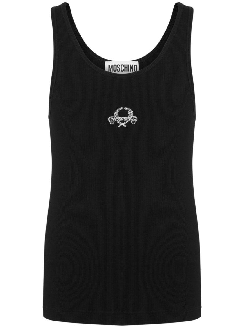 Moschino Black Fine Ribbed Racerback Logo Tank Top
