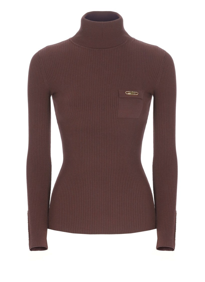 Elisabetta Franchi Ribbed Burgundy Sweater With Logo Detail