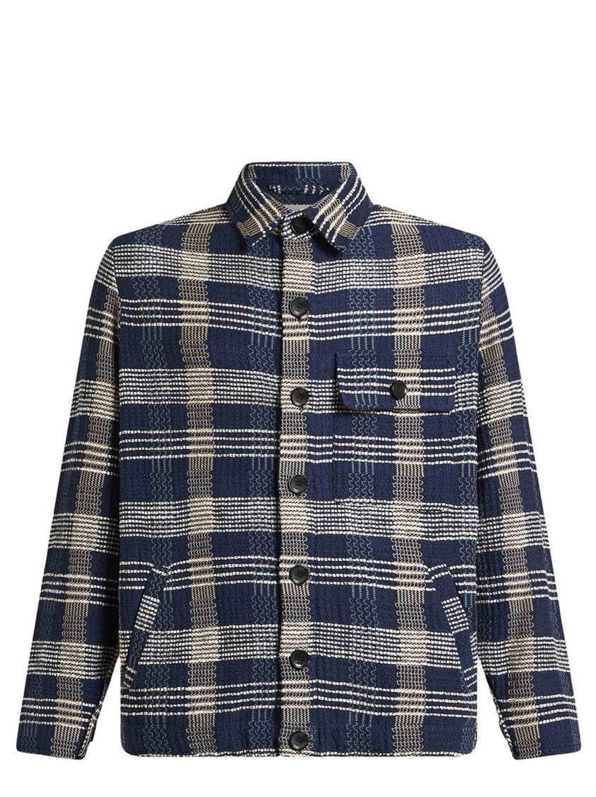 Etro Navy Blue Cotton-Linen Overshirt With Irregular Check Pattern