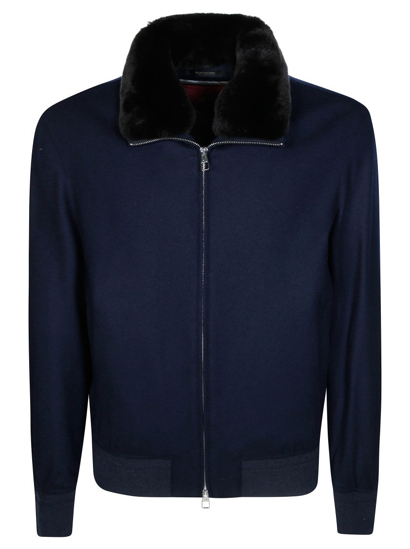 Montecore Blue Wool-Blend Plush Fur Collar Jacket