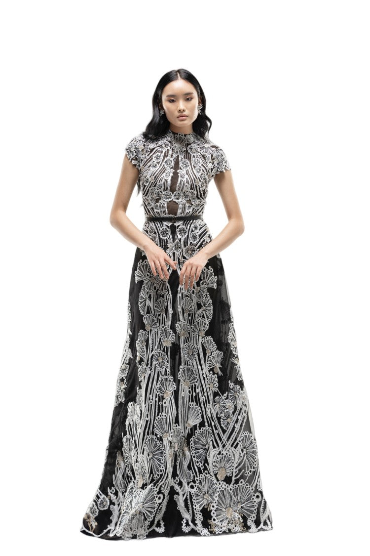 Saiid Kobeisy Jet-Black Fully Embellished Embroidered Tulle A-Line Dress