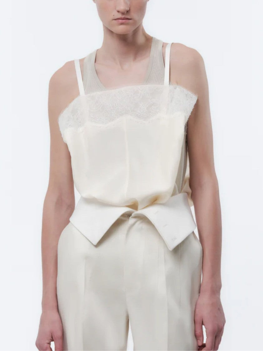 Carven White Chantilly Lace Silk Tank Top