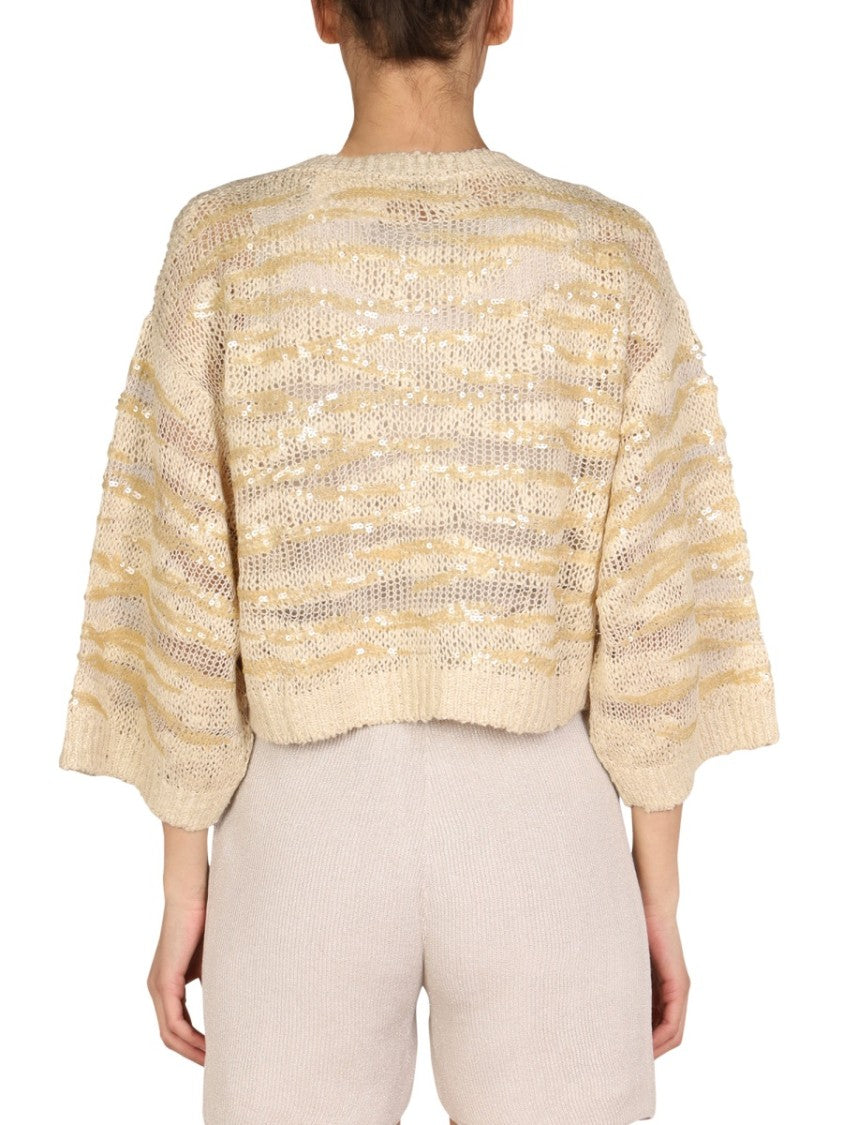 Brunello Cucinelli Perforated Knit Top With Wide Sleeves