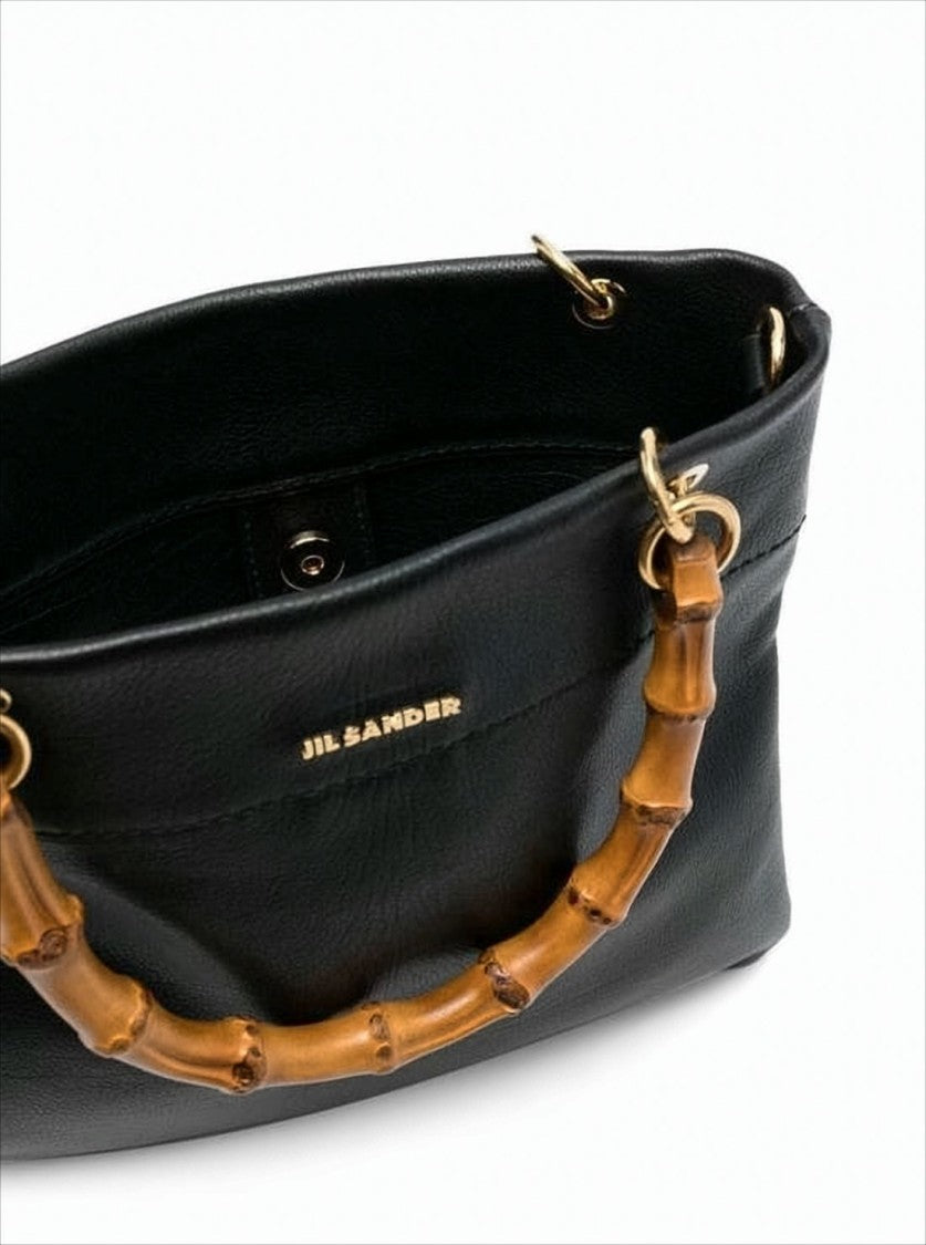 Jil Sander Structured Black Leather Shoulder Bag With Bamboo-Style Handles