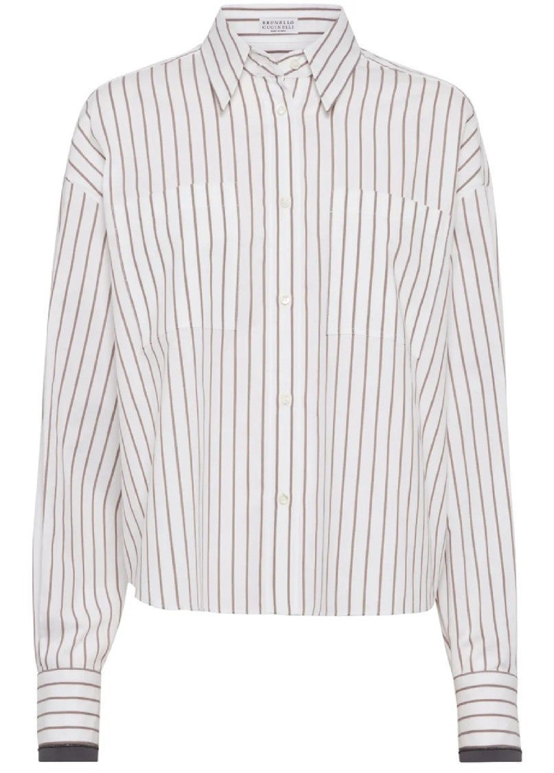 Brunello Cucinelli Cropped Long-Sleeve Button-Down Shirt With Striped Pattern