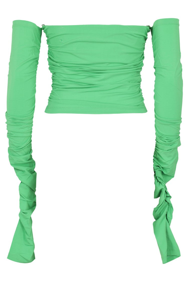 The Andamane Off-Shoulder Green Draped Top With Long Sleeves