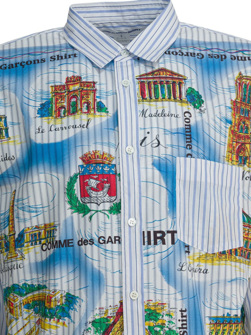 Comme Des Garçons Light Blue Striped Shirt With Paris Landmark Print