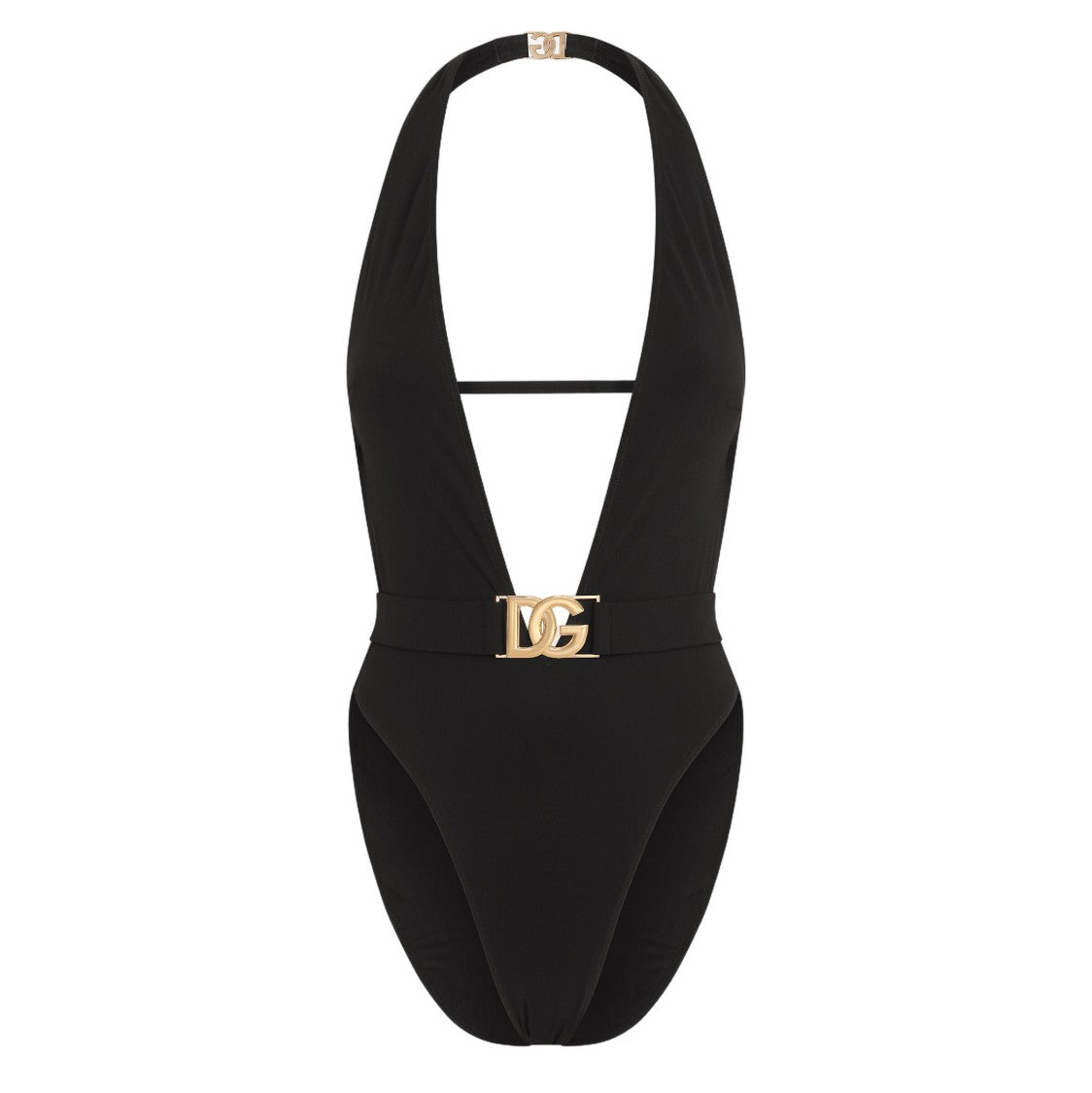 Dolce & Gabbana Deep Plunge Halter Neck Black Swimsuit