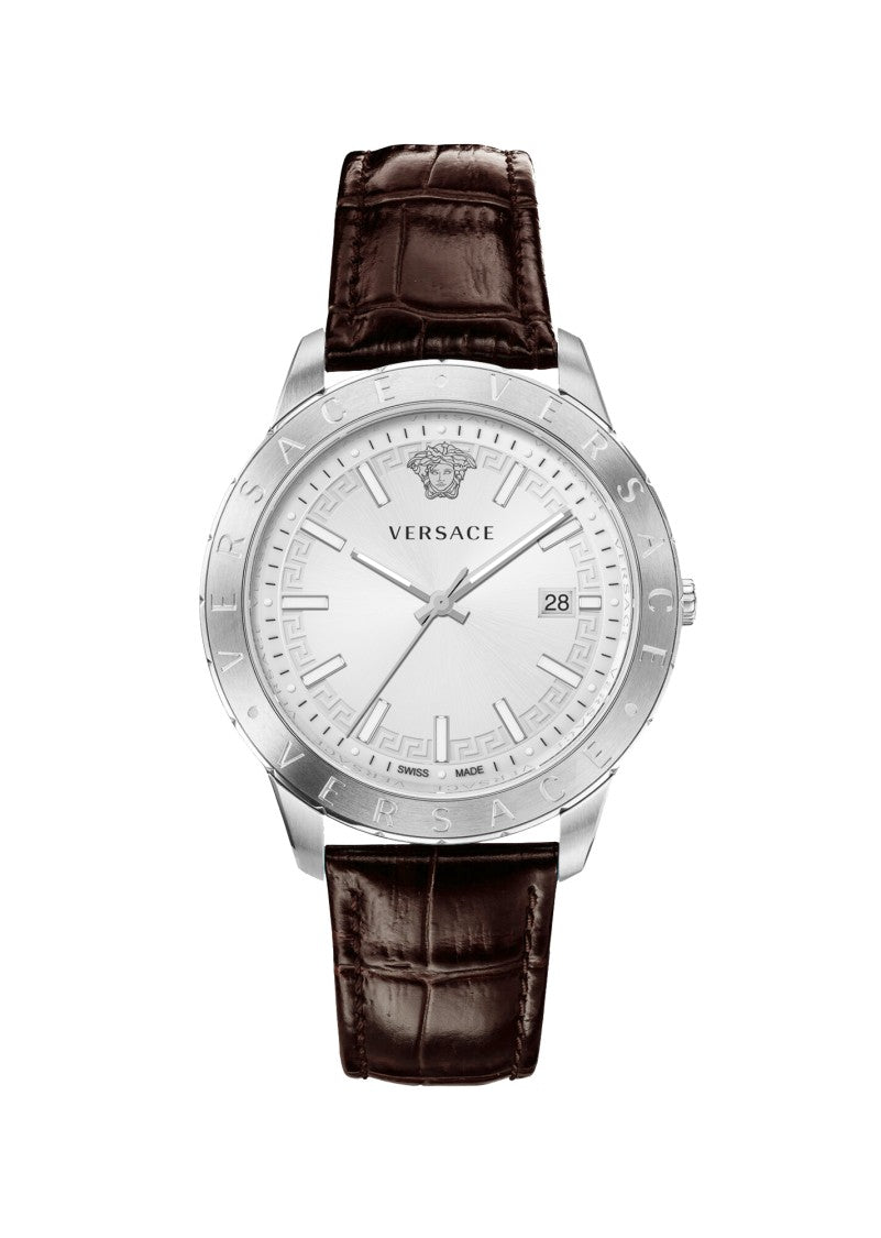 Versace Quartz 43Mm Stainless Steel Watch With Brown Leather Strap