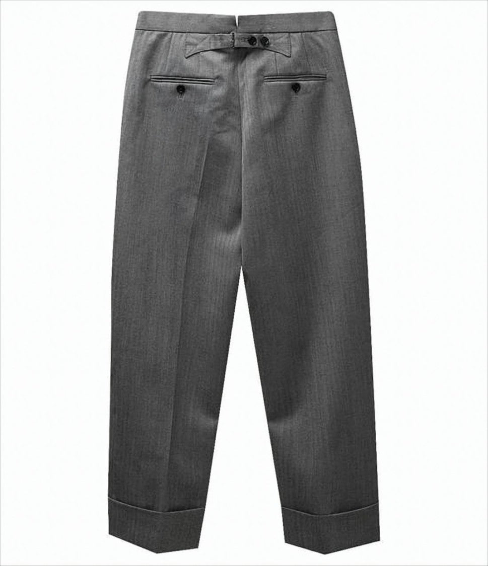 Thom Browne Tailored Grey Herringbone Wool Pants With Cuffed Hems