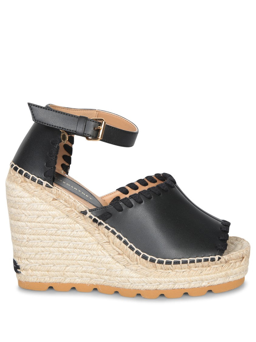 Stella Mccartney Black Leather Espadrilles With Woven Jute Platform