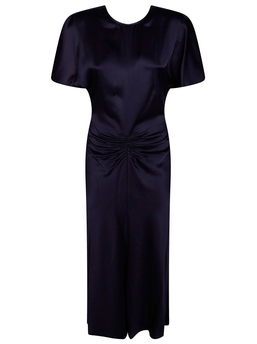 Victoria Beckham Black Bela Satin-Finish Gathered Midi Dress