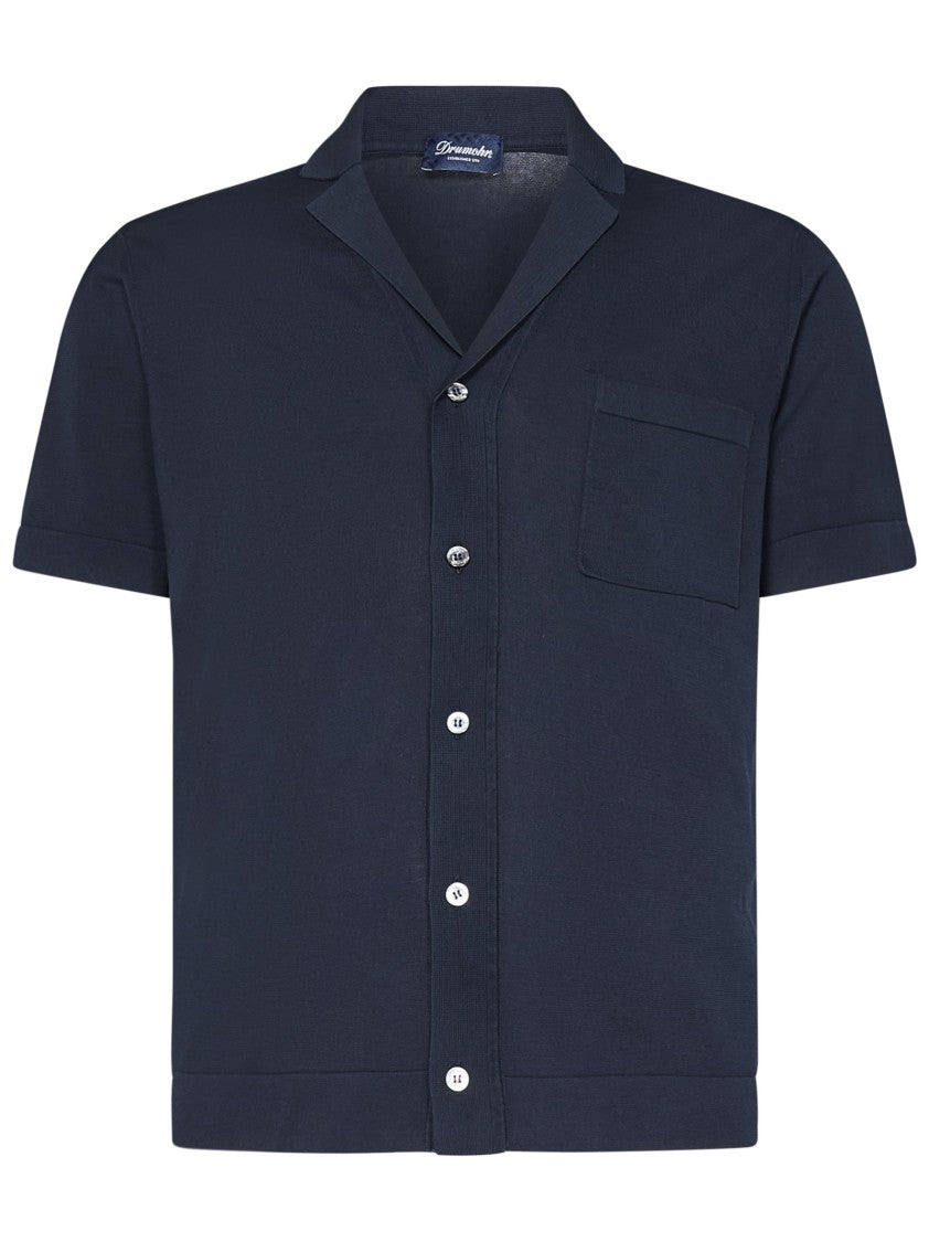 Drumohr Frosted Navy Bowling Shirt With Chest Patch Pocket